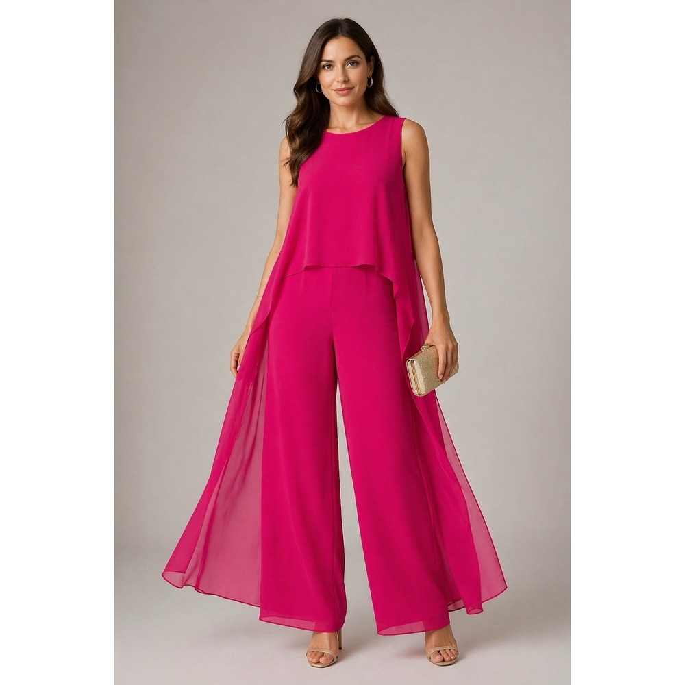 Tahari Cape Overlay Jumpsuit Magenta Wide Leg Formal Evening Cocktail 12 NWT